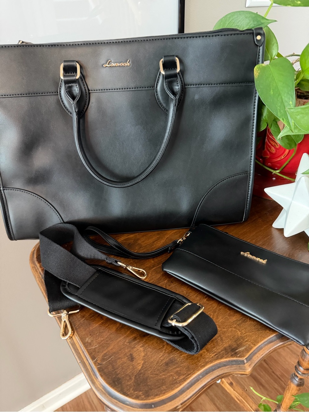 Lovasch Black Laptop Tote with Detachable Strap and Wristlet